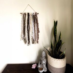 Boho Fiber Art Wall Hanging Macrame Ecru Brown Handcrafted Mixed Media Decor